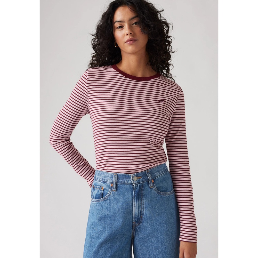 Y2K Style Levis Large‎ Top Long Sleeve Striped Ribbed Knit Essential Crew Neck